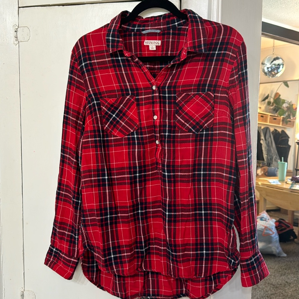 Women’s Red Plaid Half Button Down Flannel